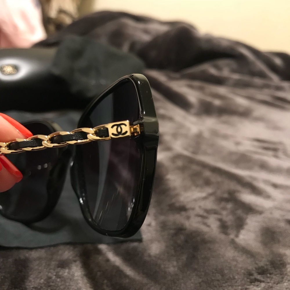 Chanel Black Sunglasses with Gold Chain Detail